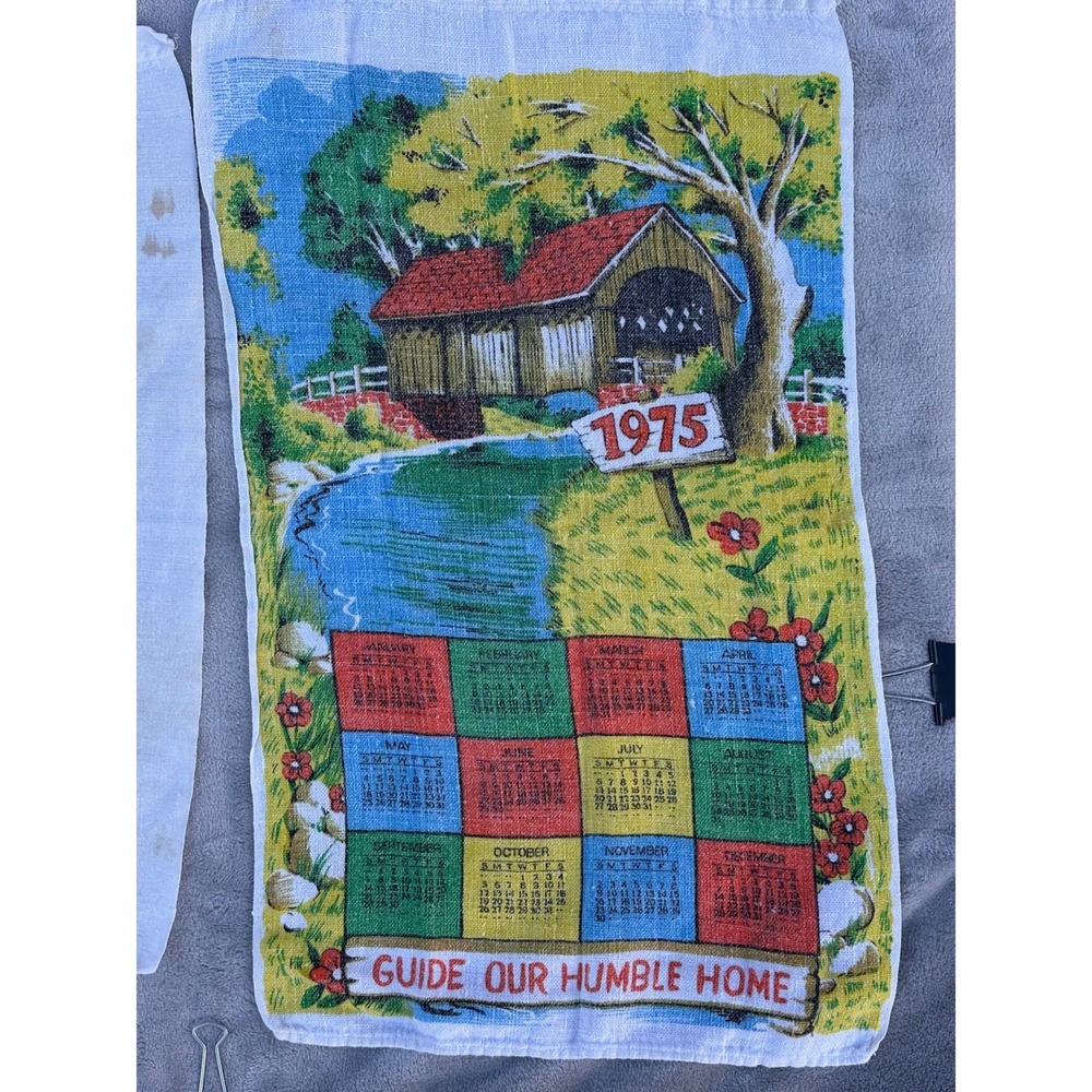 Vintage Tea Towel Lot 1975 Calendar Solvang California Garden Polar Bear Linen - Picture 3 of 7